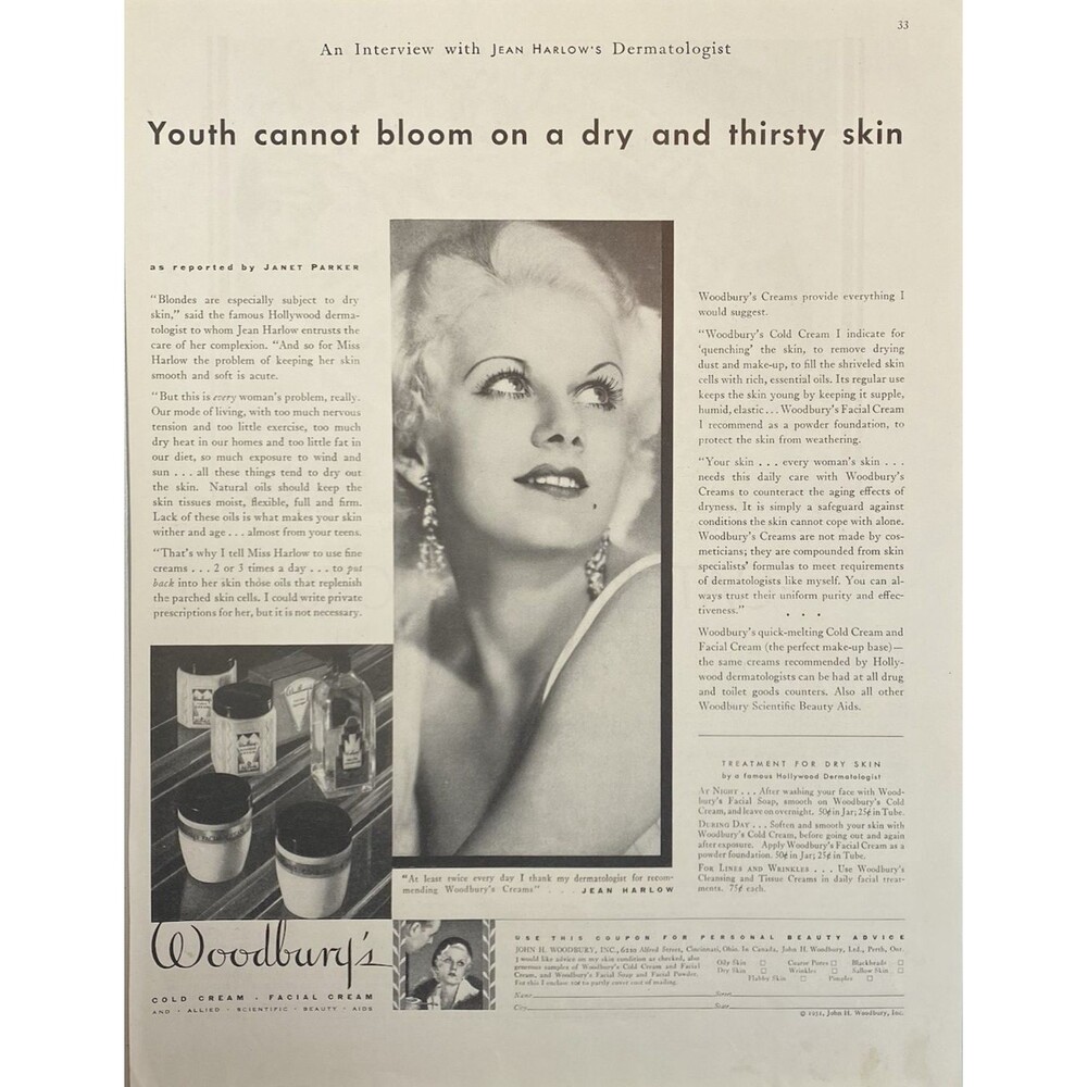 Woodbury's Facial Cream "Jean Harlow: Cannot Bloom with Dry Skin" Ad 1931